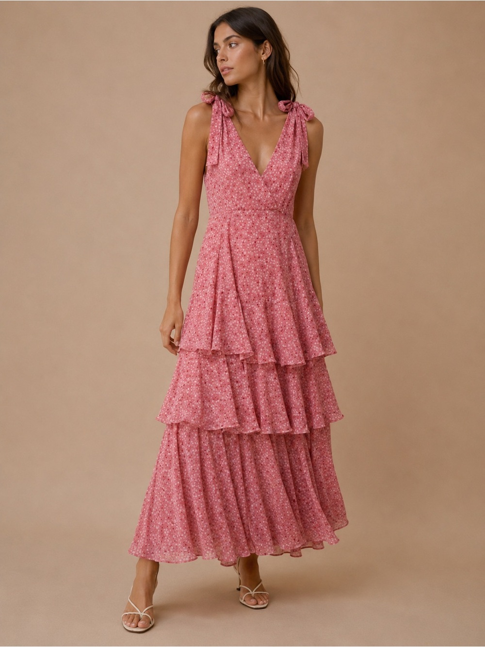 Wayf Pink Tiered Tie-Shoulder Maxi Dress Cottagecore Size Small